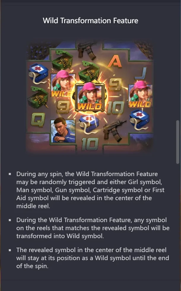WILD TRANSFORMATION FEATURE - Girl symbol revealed in center of reel 3, all matching Girl symbols on grid transform to Wild; rules text: randomly triggered, matching symbols become Wild, revealed symbol stays Wild for the spin