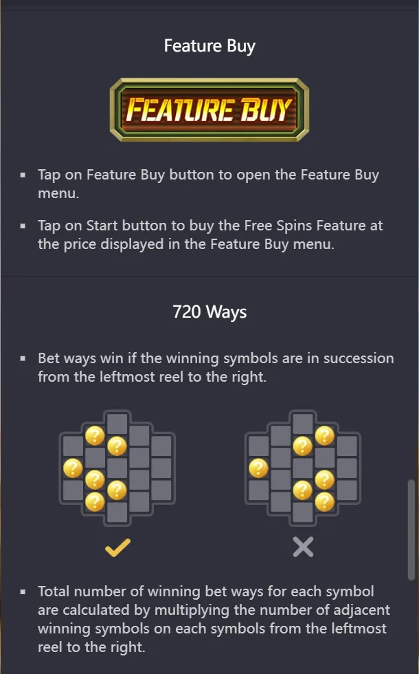 FEATURE BUY and 720 WAYS rules panel - tap Feature Buy to open the buy menu, then Start to purchase the Free Spins feature at the displayed price; 720 ways pay for symbols in succession from the leftmost reel to the right