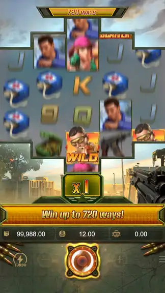 Battleground Royale at spin 1 - balance $99,988.00 at the $12.00 stake, x1 multiplier, 720 WAYS banner