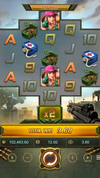Battleground Royale at spin ~401 - balance $102,463.60 at the $12.00 stake, x2 multiplier, TOTAL WIN 3.60
