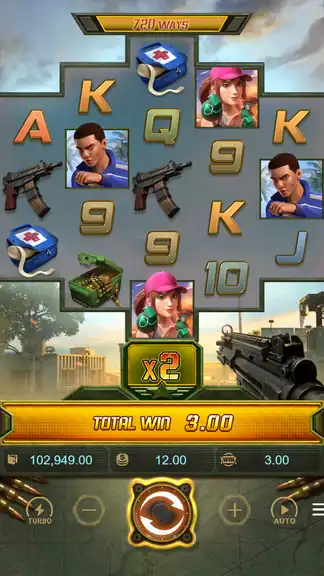 Battleground Royale at spin ~1198 - balance $102,949.00 at the $12.00 stake, x2 multiplier, TOTAL WIN 3.00