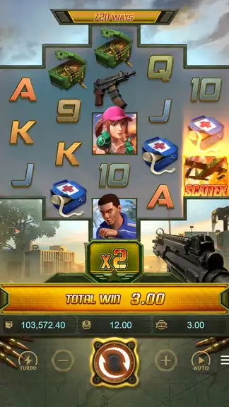 Battleground Royale at final spin 1584 - balance $103,572.40 at the $12.00 stake, Scatter symbol visible