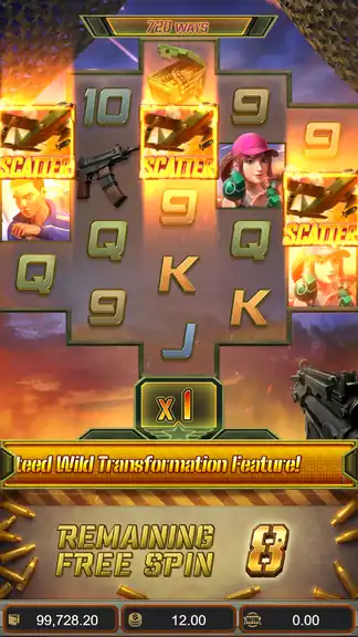FREE SPINS trigger: 3 Scatter war planes on reels, REMAINING FREE SPIN 8 banner at bottom, balance $99,728.20 at the $12.00 stake