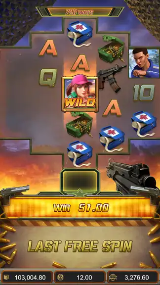 LAST FREE SPIN of bonus 2 at spin 178: WILD Girl soldier on reel 3, WIN $51.00 for that spin, win counter $3,276.60 total, balance $103,004.80 at the $12.00 stake